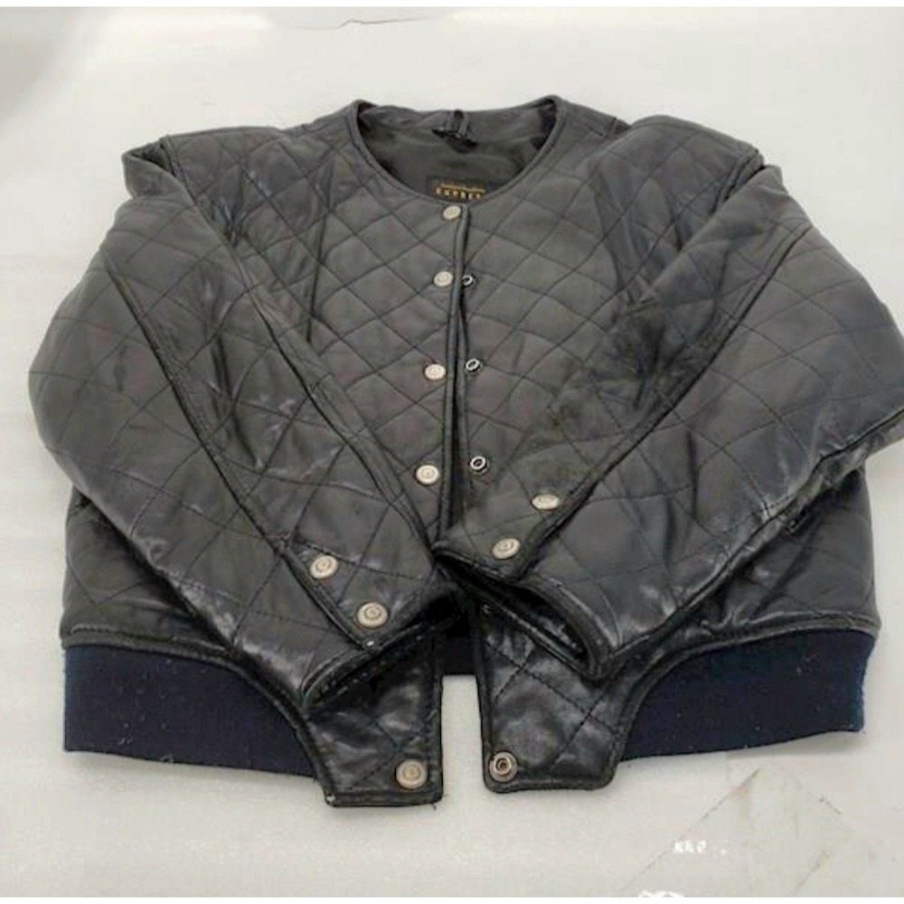 VTG Express Quilted Leather Bomber Jacket XS Black Snap Front Cropped Retro Moto